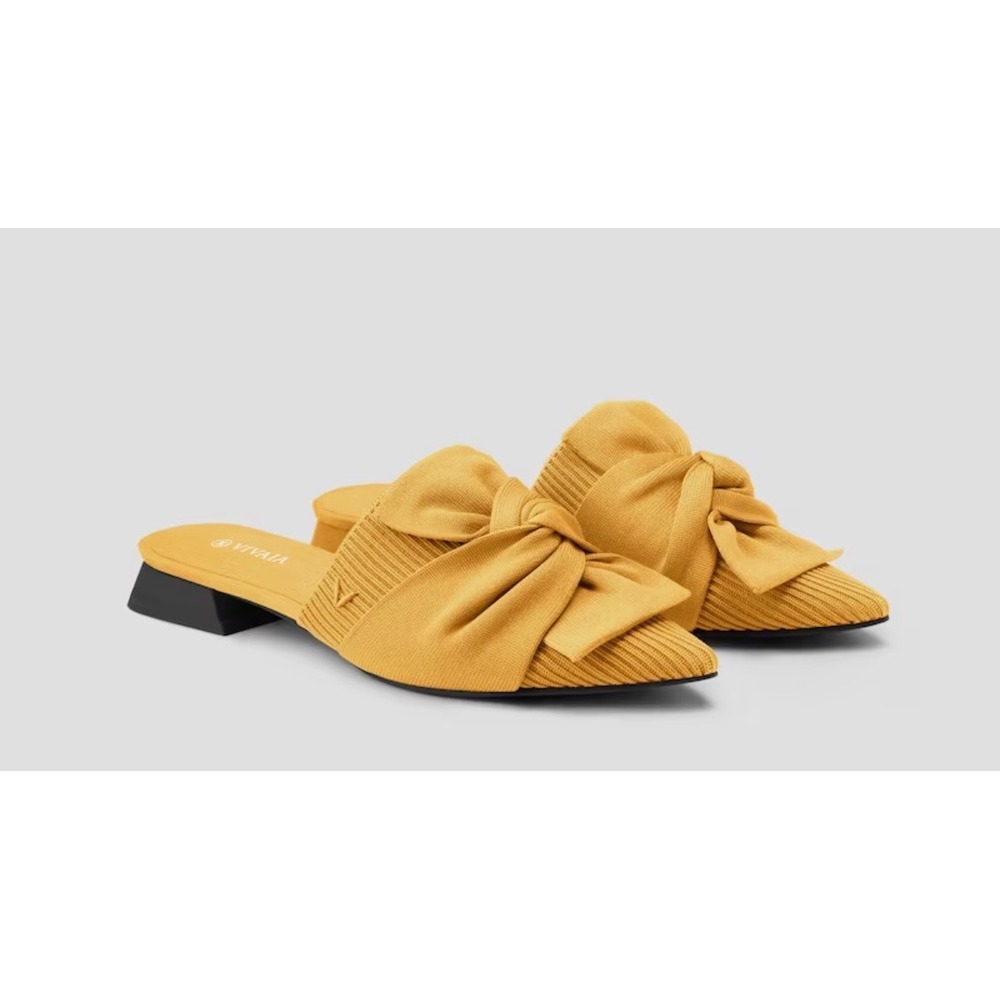 VIVAIA Pointed-Toe Knot Sandals (Yaffa) Mustard Yellow Knitted Bow Mules Size 41